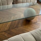 Vintage coffee table Italian design curved glass and travertine