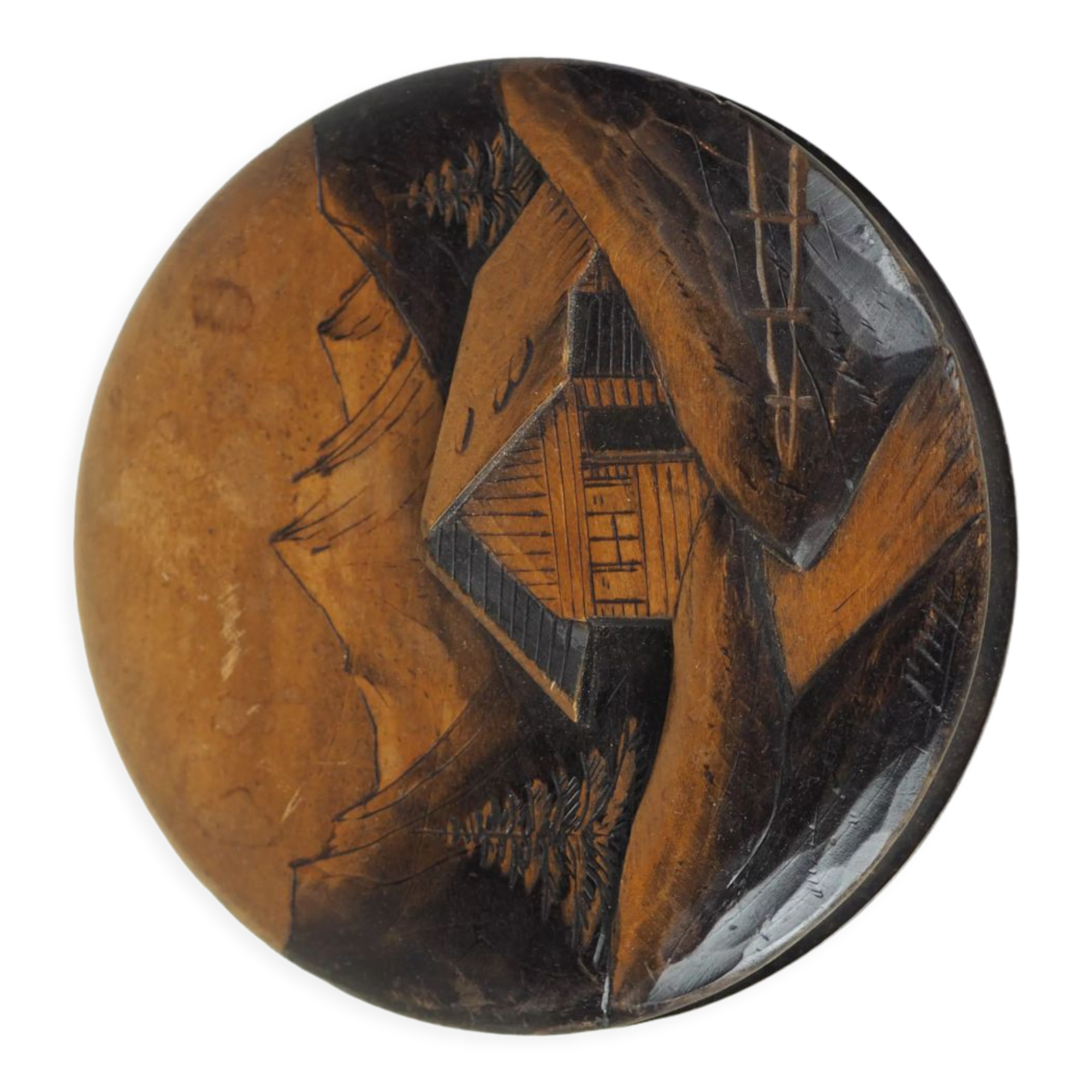 Large blackened wooden box mountain landscape folk art early / mid twentieth