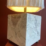 Beige marble stucco base, Houles white ecru fringed lampshade.