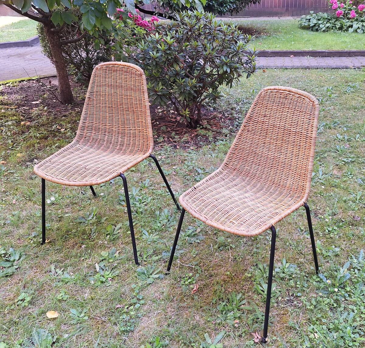 Pair of Legler rattan and metal dining / stacking chairs, Switzerland 1960s