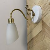 Pair of brass swan neck wall lights with white opaline glass tulip