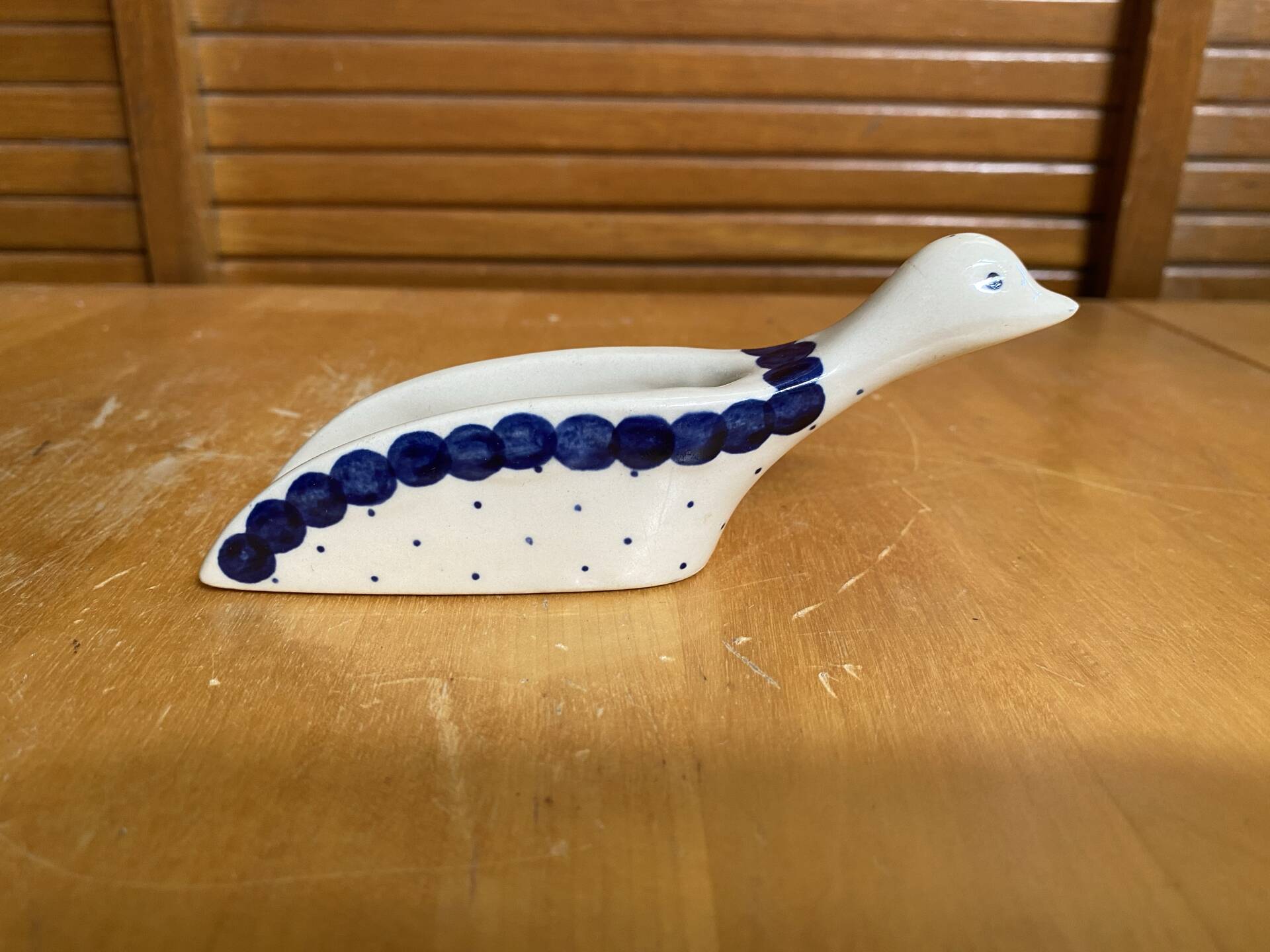 Vintage White & Blue Porcelain Goose-Shaped Kitchen Spoon Poland