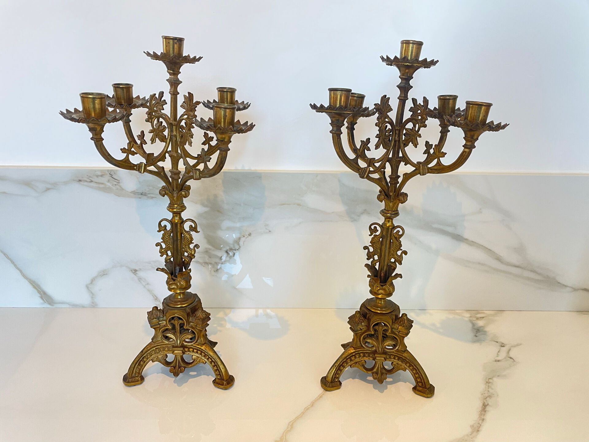 Pair of church candelabra - 19th century - in bronze and brass, 5 lights / c