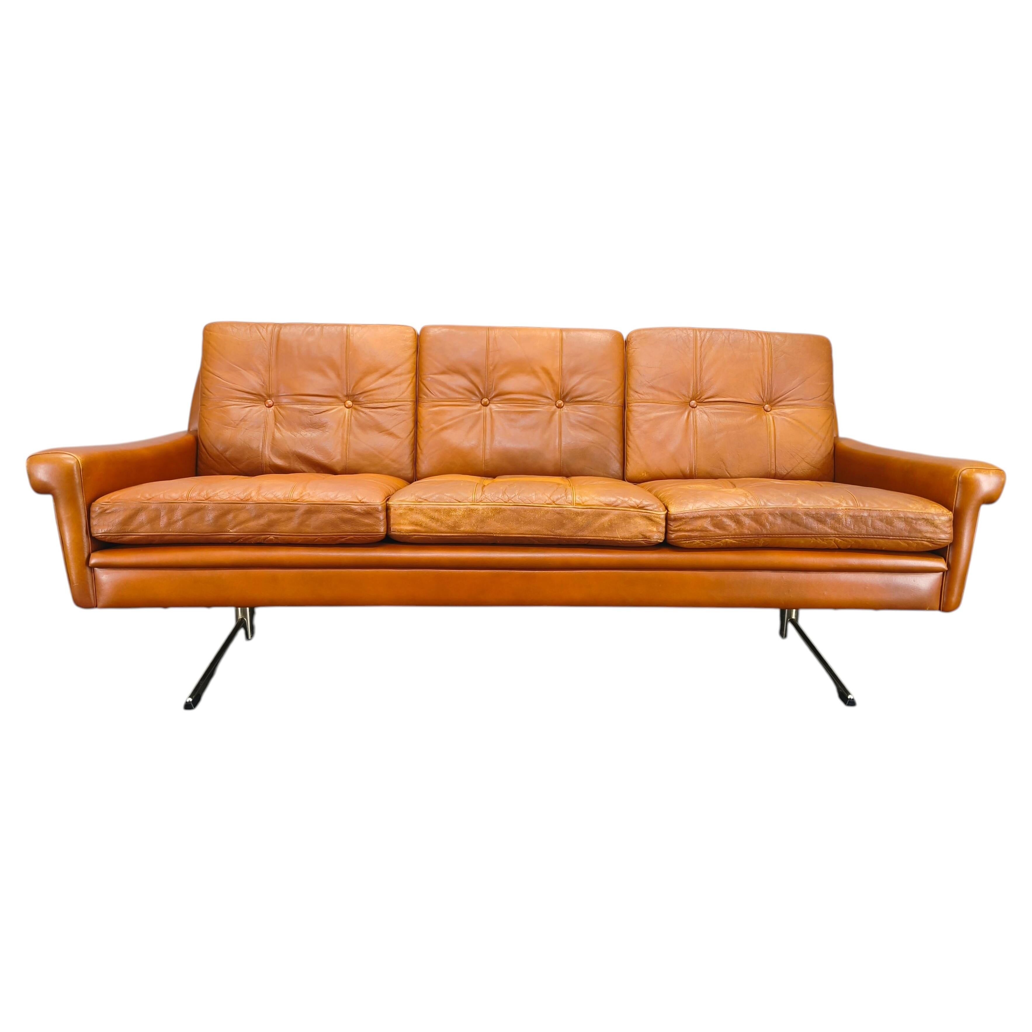 Svend Skipper Danish Leather Sofa Cognac Chrome, 1960s