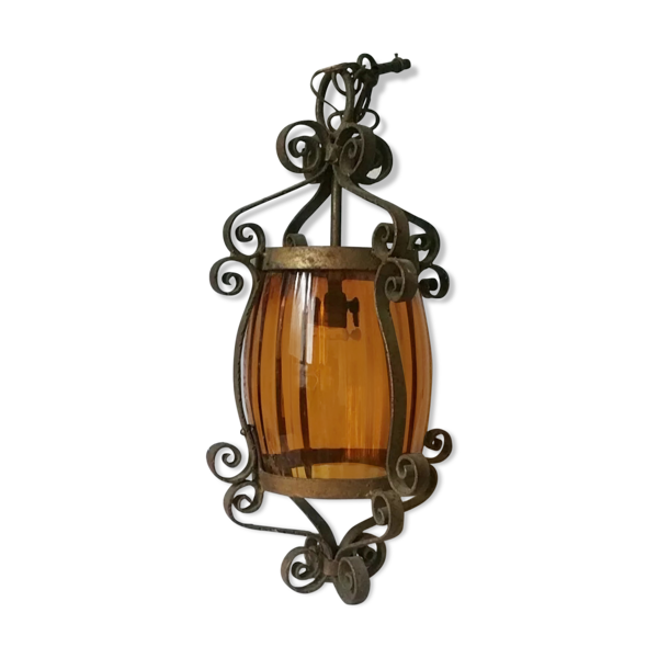 Suspension ancienne fer forgé globe orange