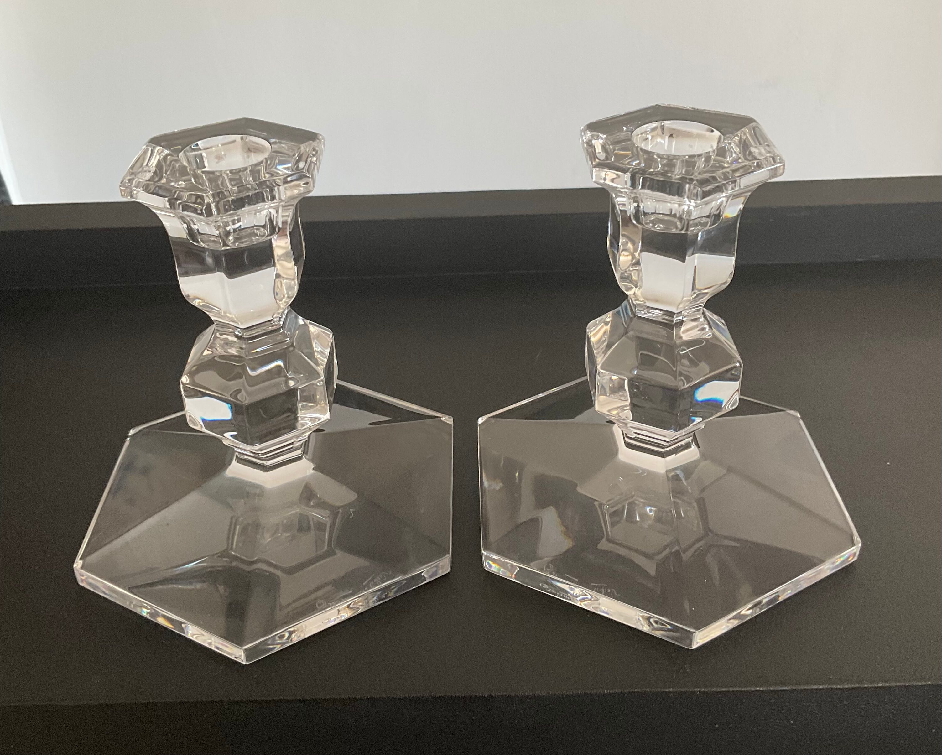 Pair of Val Saint Lambert crystal candle holders