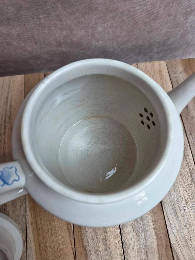 Antique teapot Terre de Fer Opaque from Sarreguemines – Blue checkerboard frieze