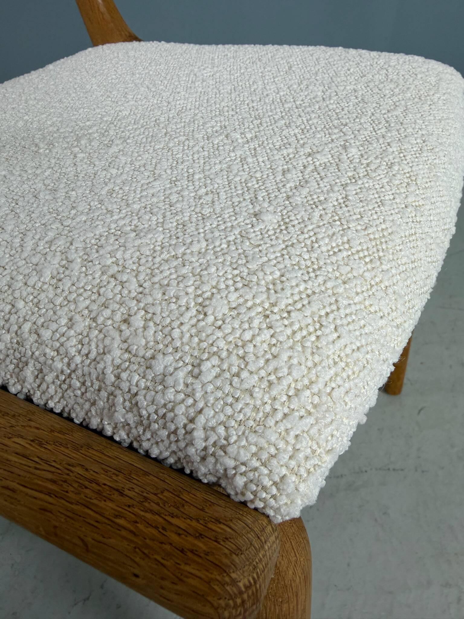 Alfred Christensen Danish oak "Boomerang" chairs set of 6 boucle fabric