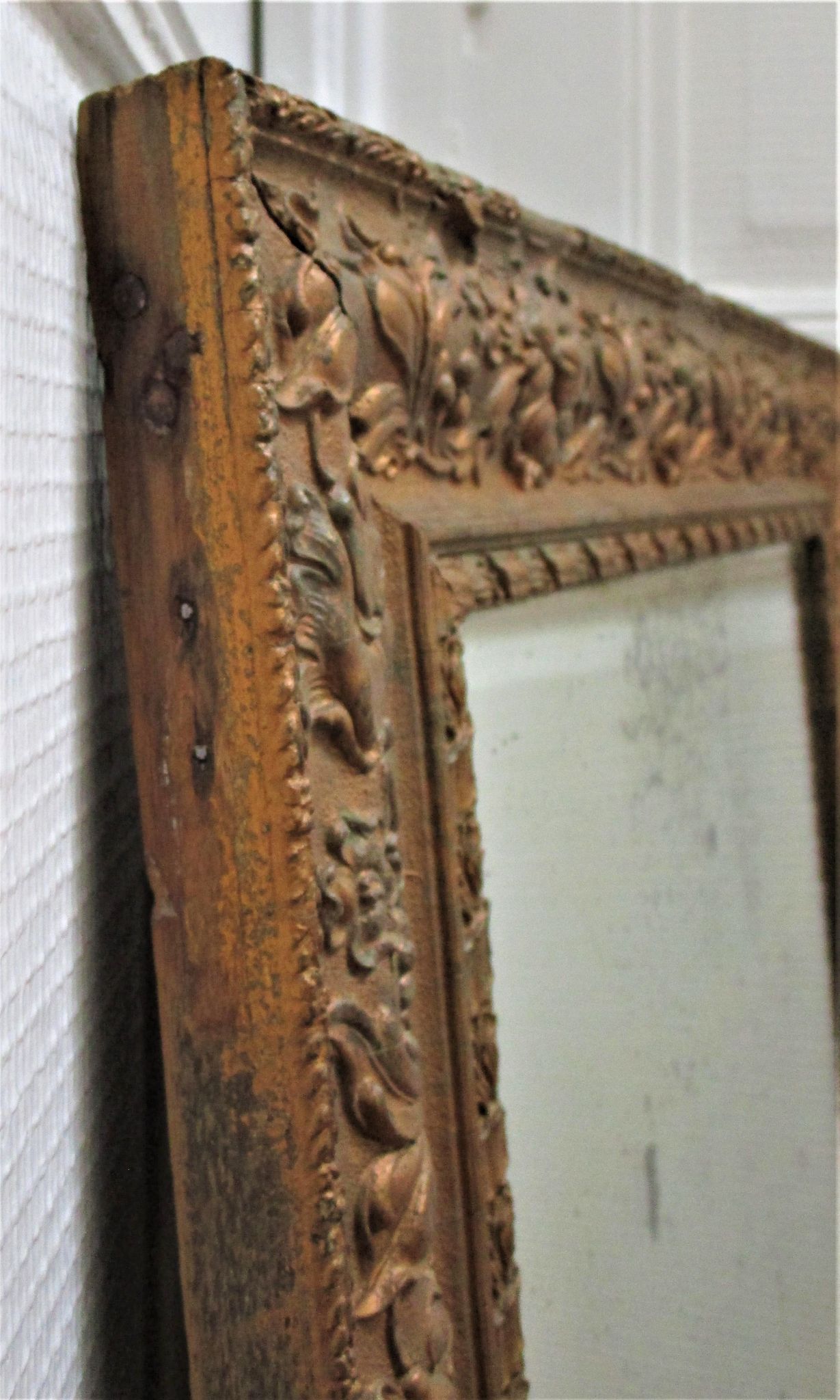 Mirror stitched golden stucco wood decorated with 19th century flowers 88 cm x 63 cm