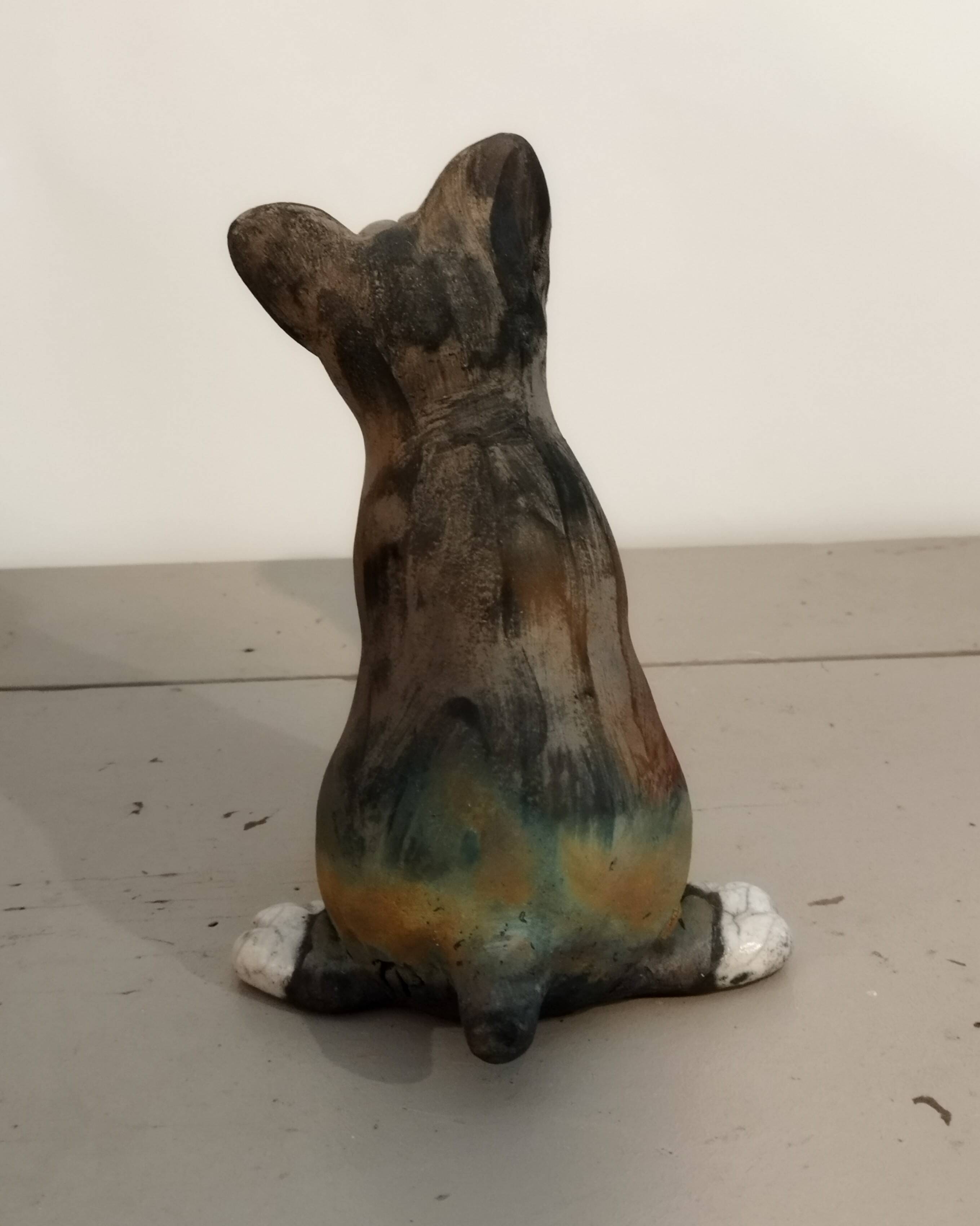 Raku ceramic dog sculpture, unique piece.