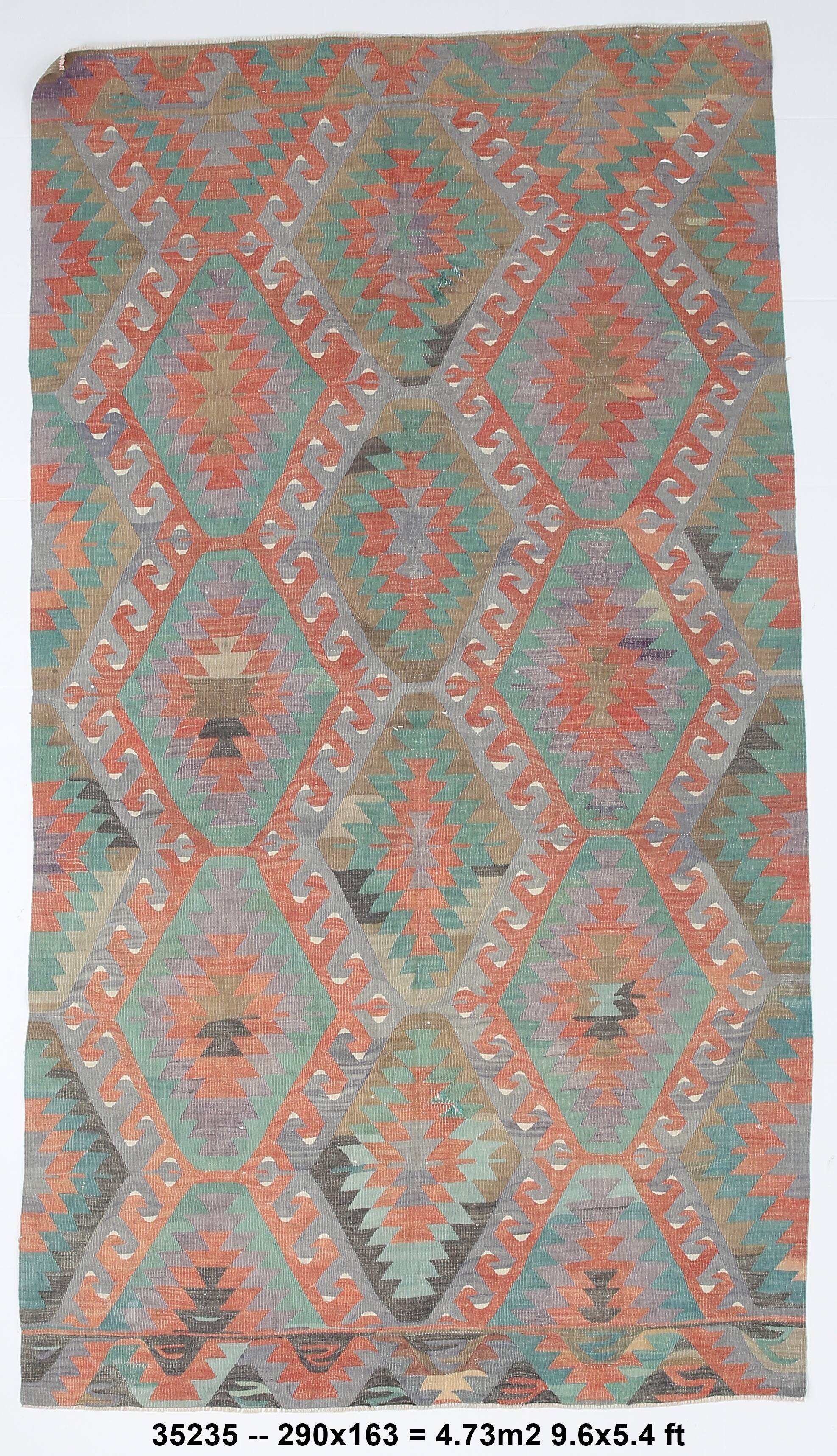 5x9 Green Red Tribal Handmade Kilim Rug, 163x290Cm
