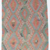 5x9 Green Red Tribal Handmade Kilim Rug, 163x290Cm