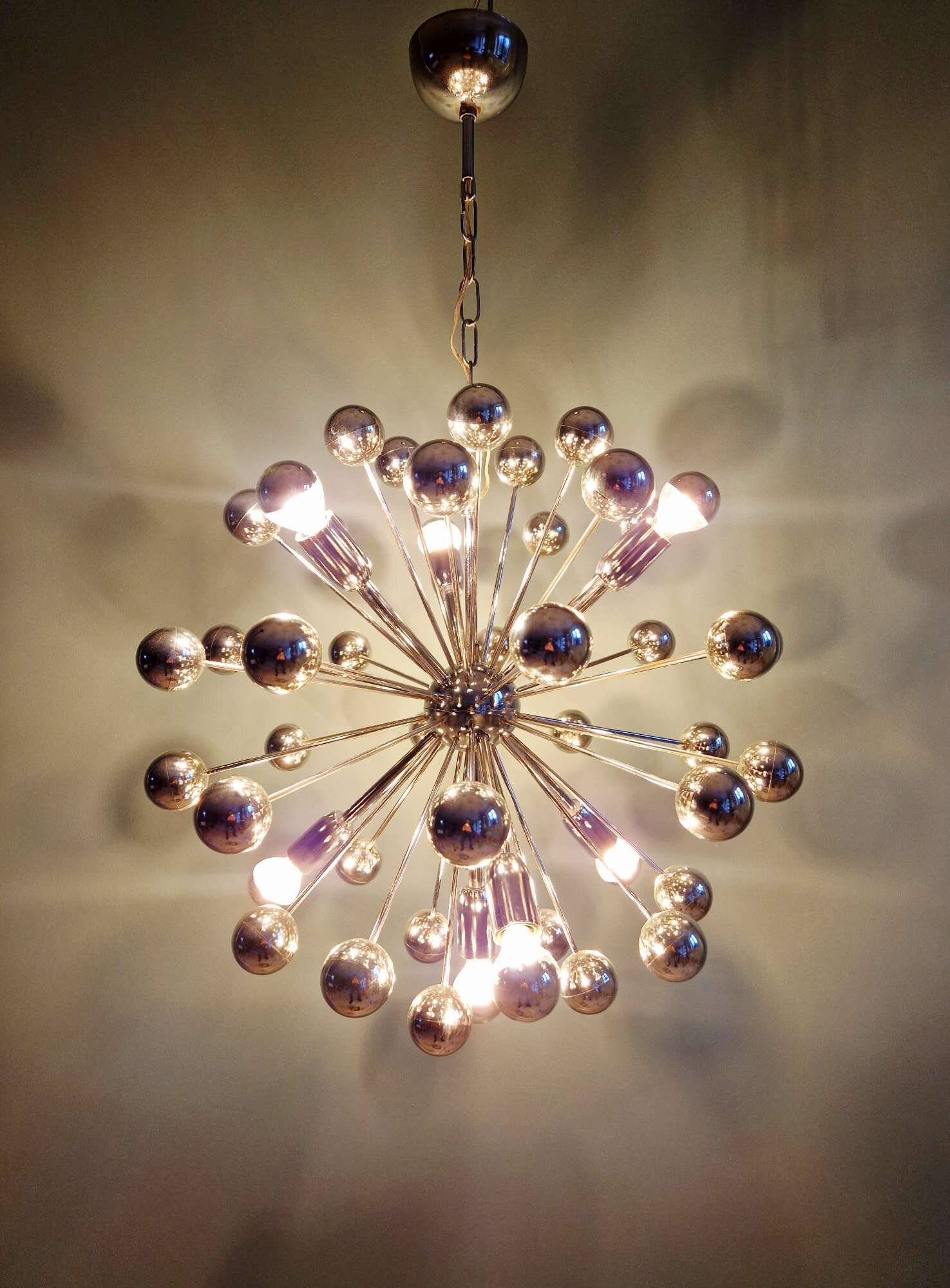 Sputnik chandelier in chromed metal, Space Age design, 1960