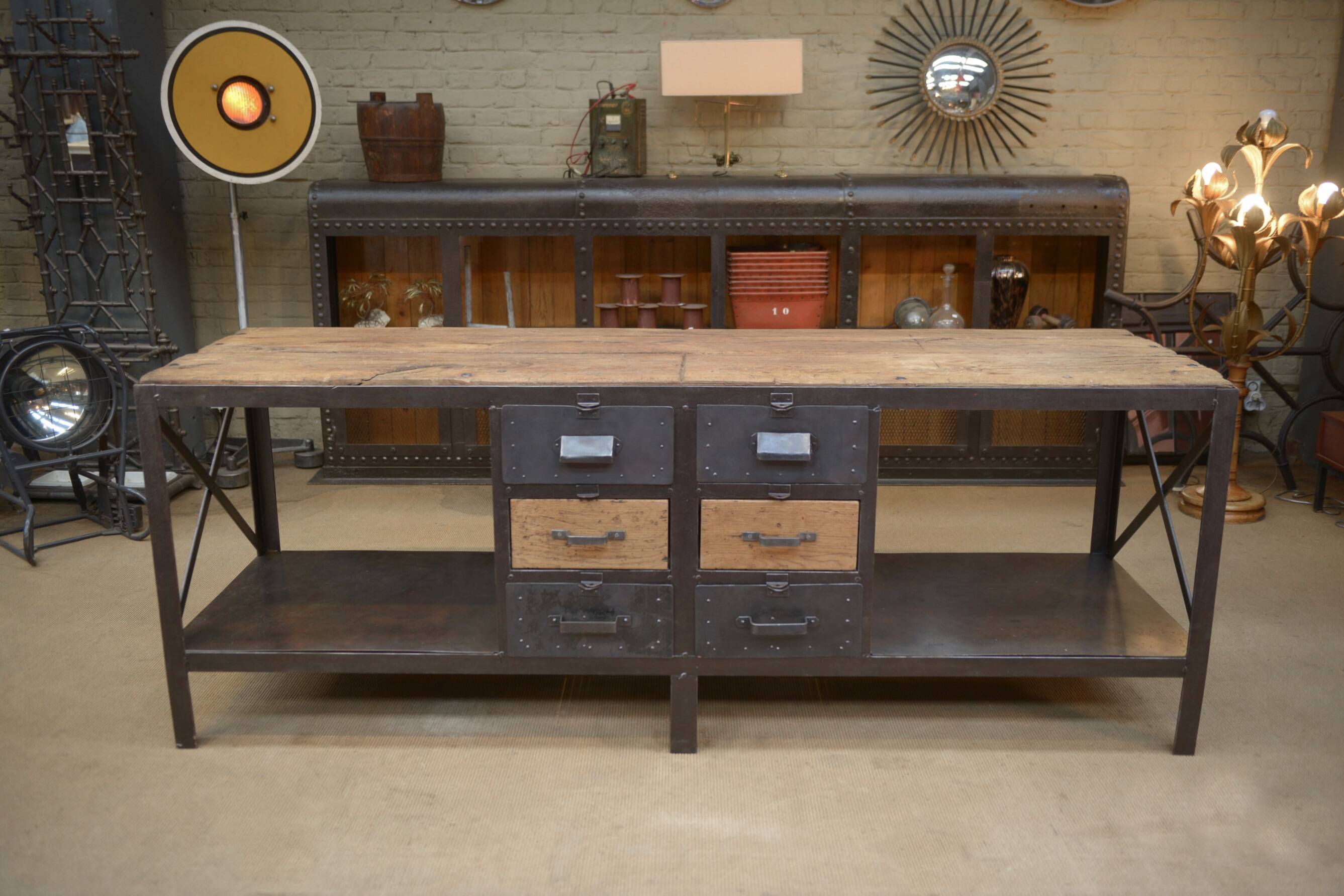 Industrial sideboard from metal and wood factory 1950