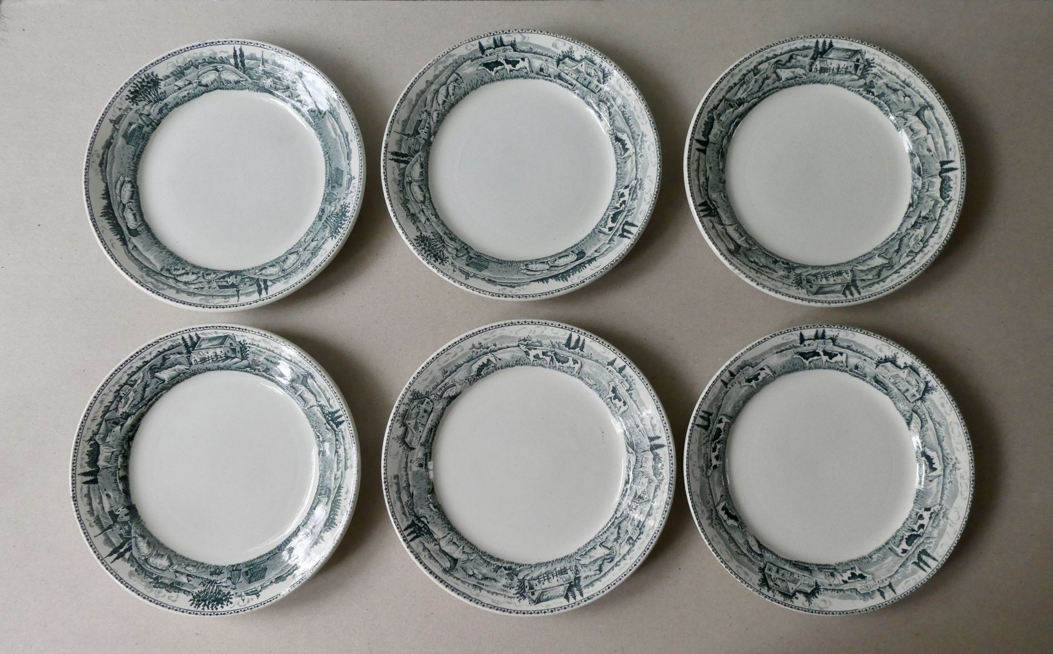 6 assiettes plates Saint Amand, décor la laitière