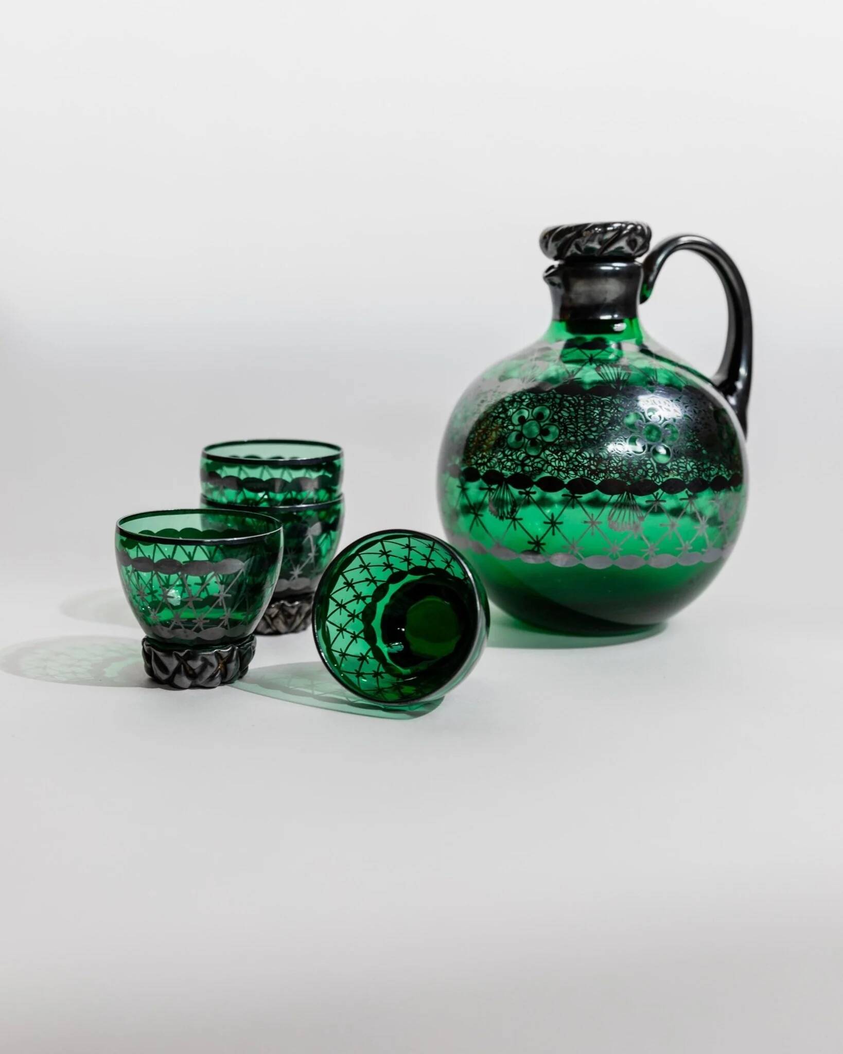 Vintage Murano Green Glass Liqueur Set with Hand-Painted Silver Decor – Decanter and Four Glasses, Italy, 1930s