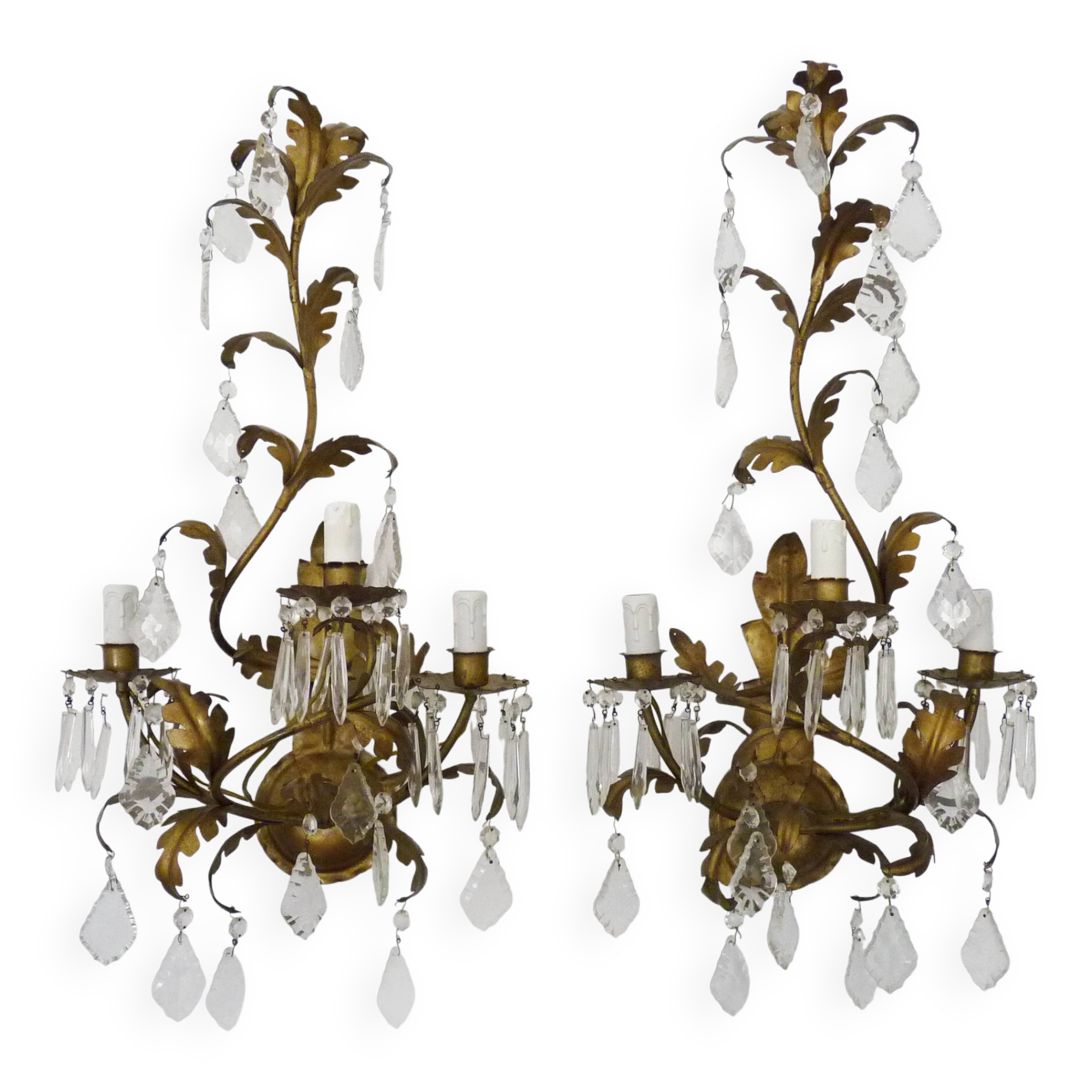 Large (70 cm - 27.55") pair of 3-arm foliage wall sconces