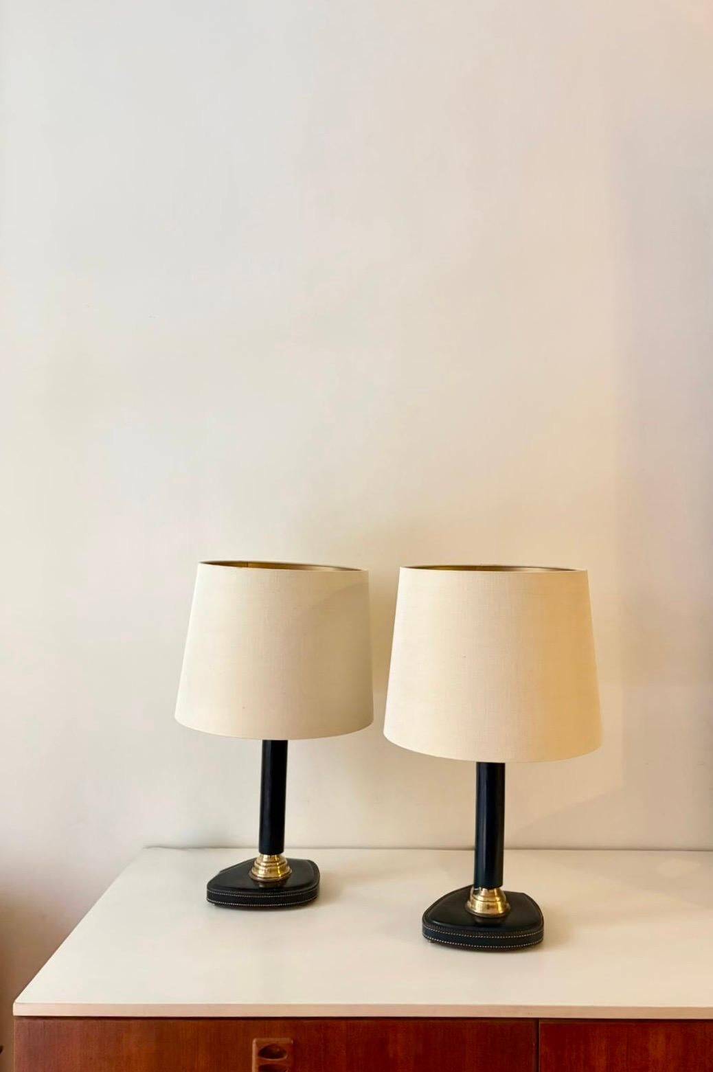 1950s Jacques Adnet Table Lamps in Navy Blue Leather & Bronze