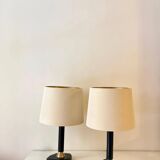 1950s Jacques Adnet Table Lamps in Navy Blue Leather & Bronze
