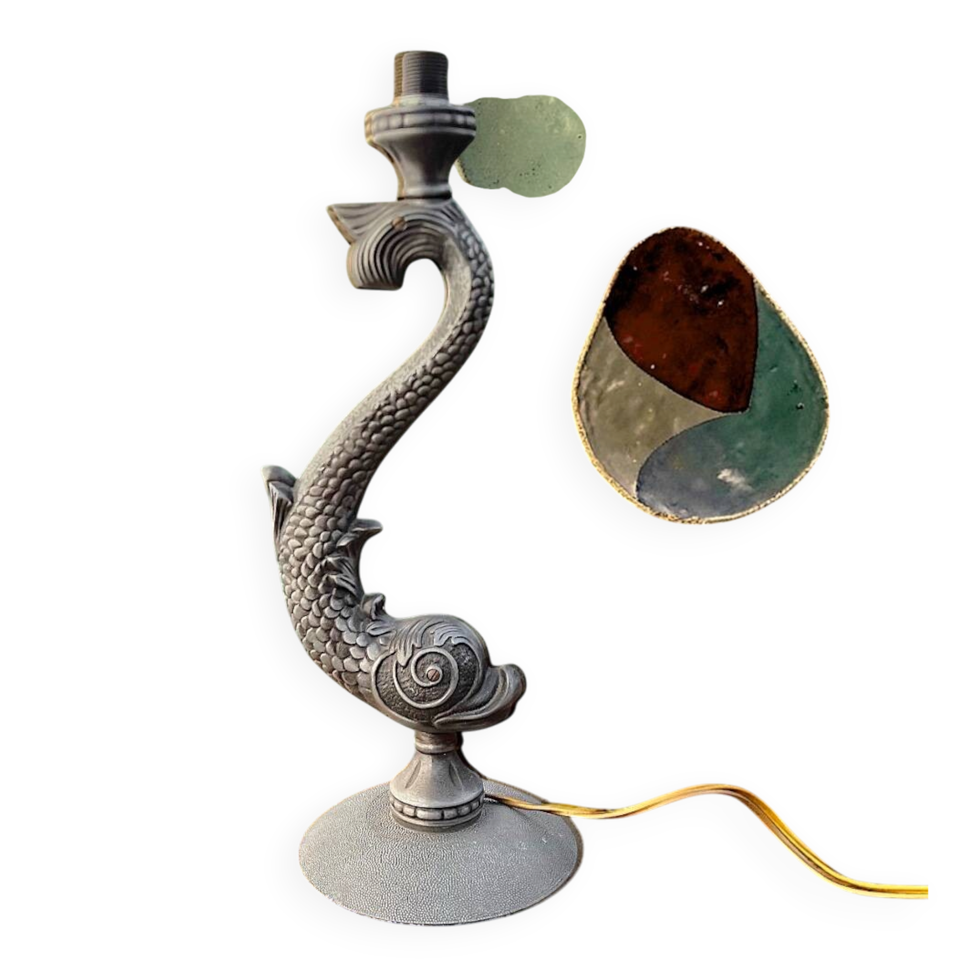 Sculptural metal lamp base – Stylised fish, 1950s