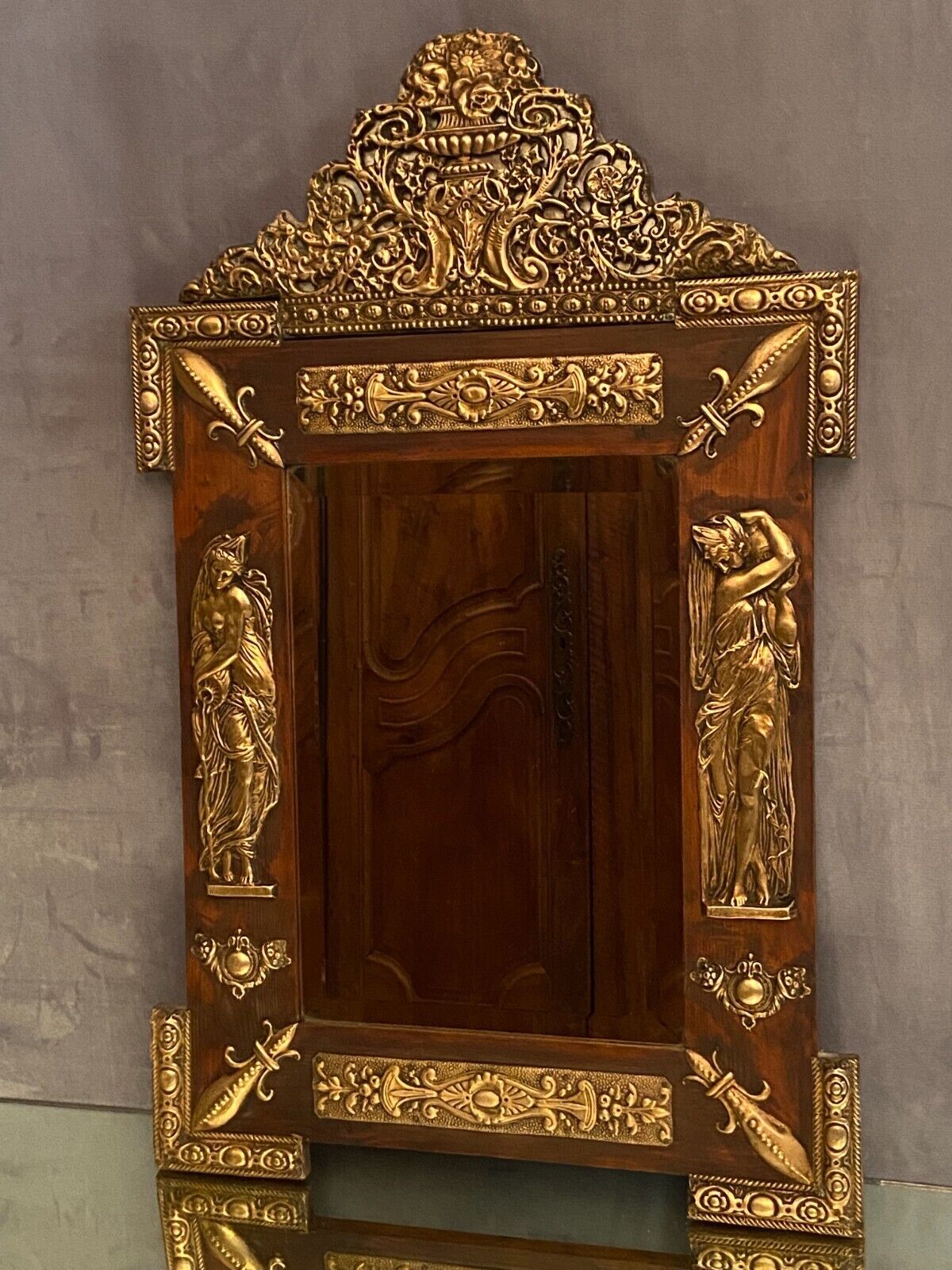 Mirror pediment nineteenth Neo classical decoration antique character brass on wood