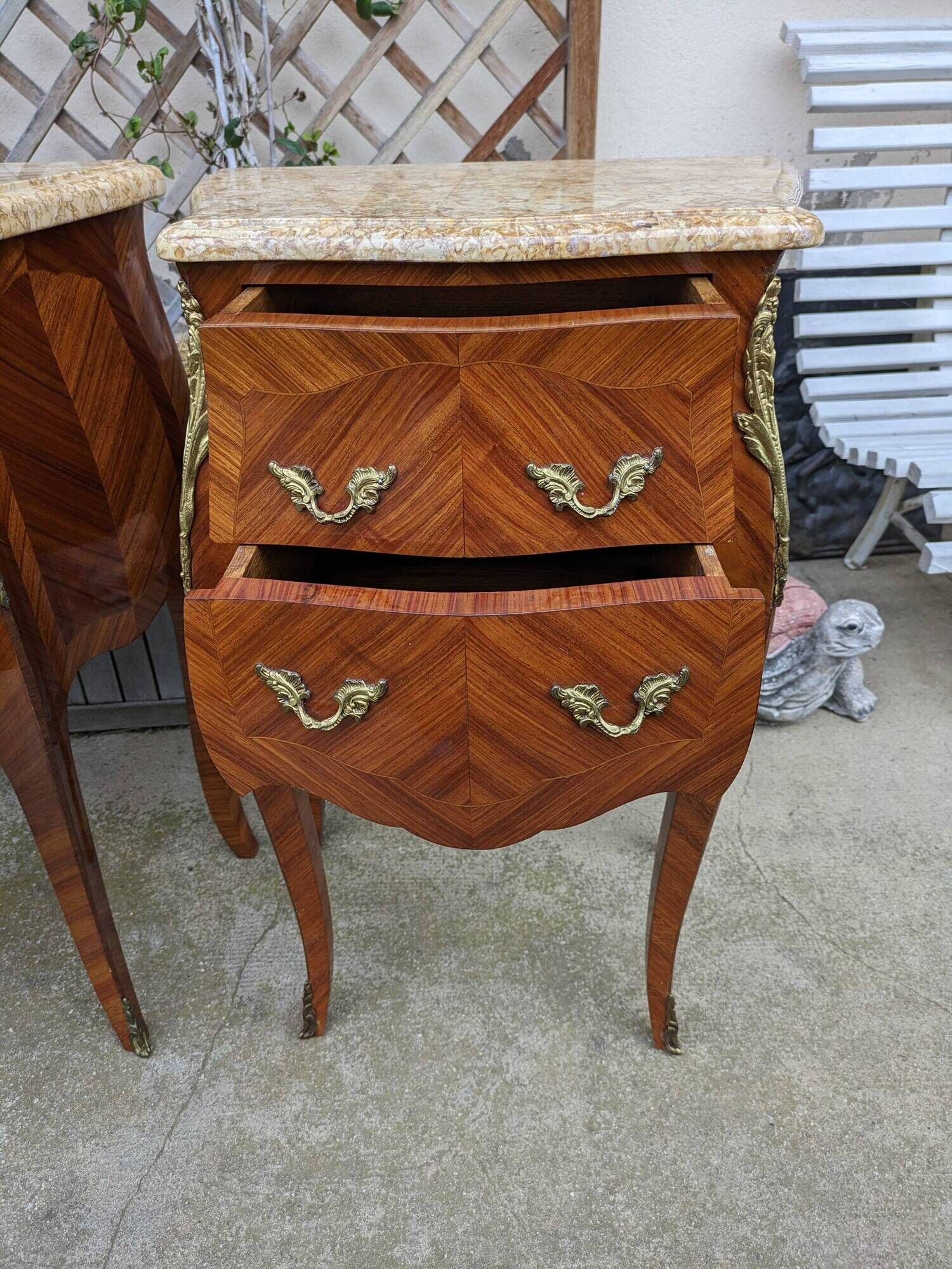 Curved chest of drawers with 2 drawers in rosewood, marble and bronze marquetry, Louis XV style