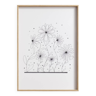 Dessin sur feuille de coton présenté dans un cadre en bois de pin naturel