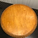 Round coffee table in rattan and varnished wood around 1960