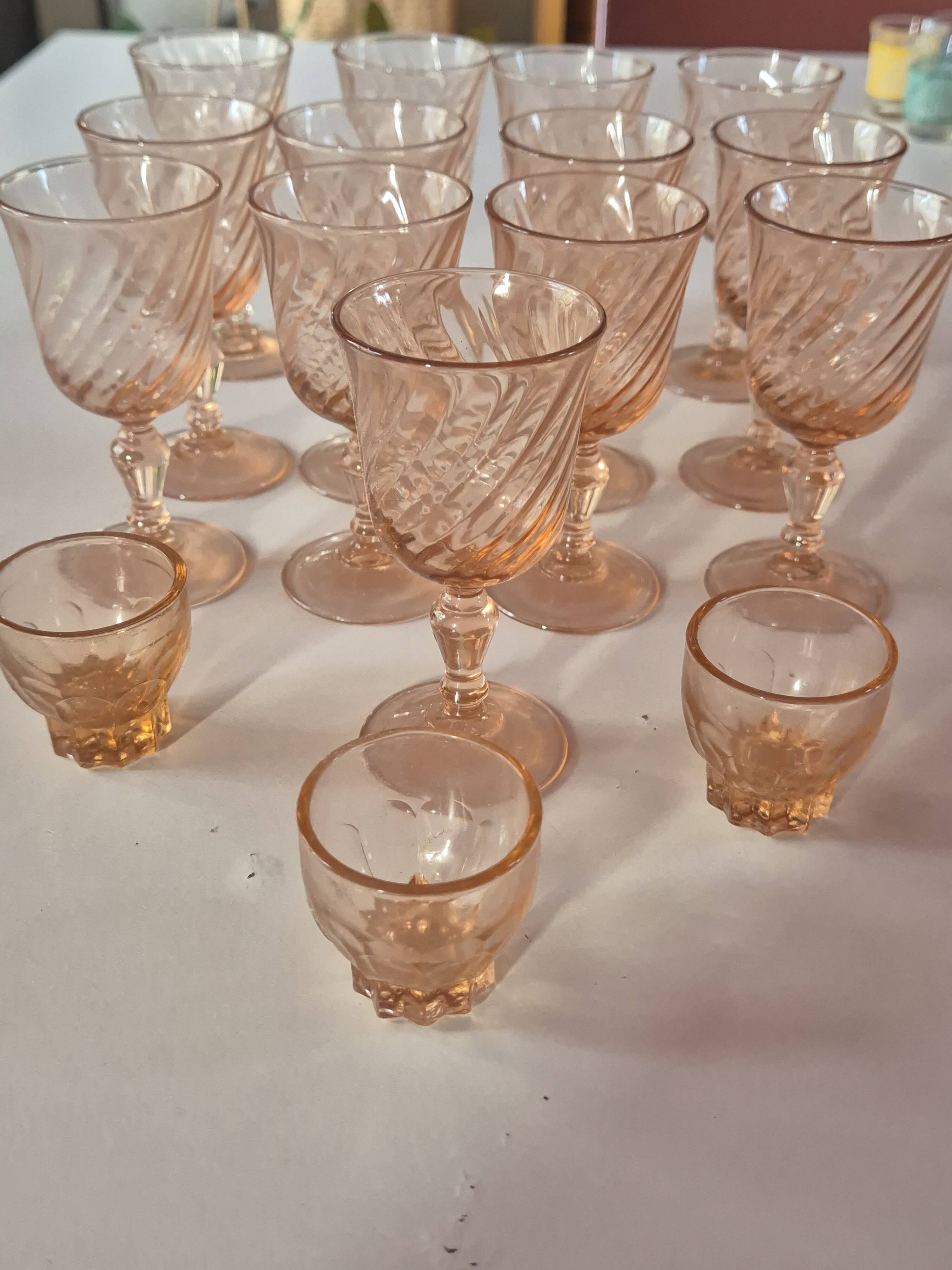 set of 12 stemmed glasses and 3 small vintage pink liqueur glasses in rosaline