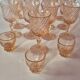 set of 12 stemmed glasses and 3 small vintage pink liqueur glasses in rosaline