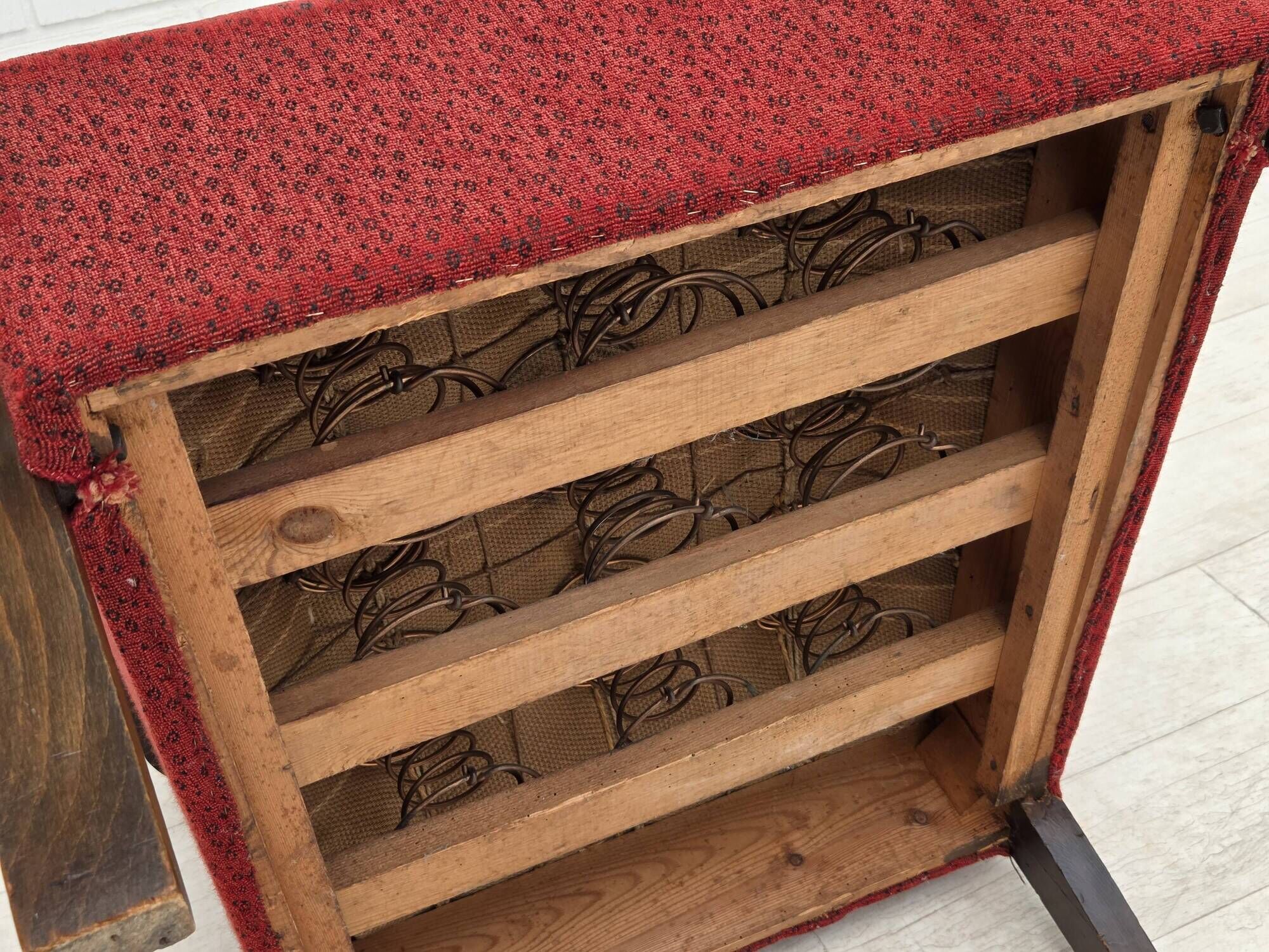 1950s, Danish art deco armchair, original red furniture wool, beech wood.