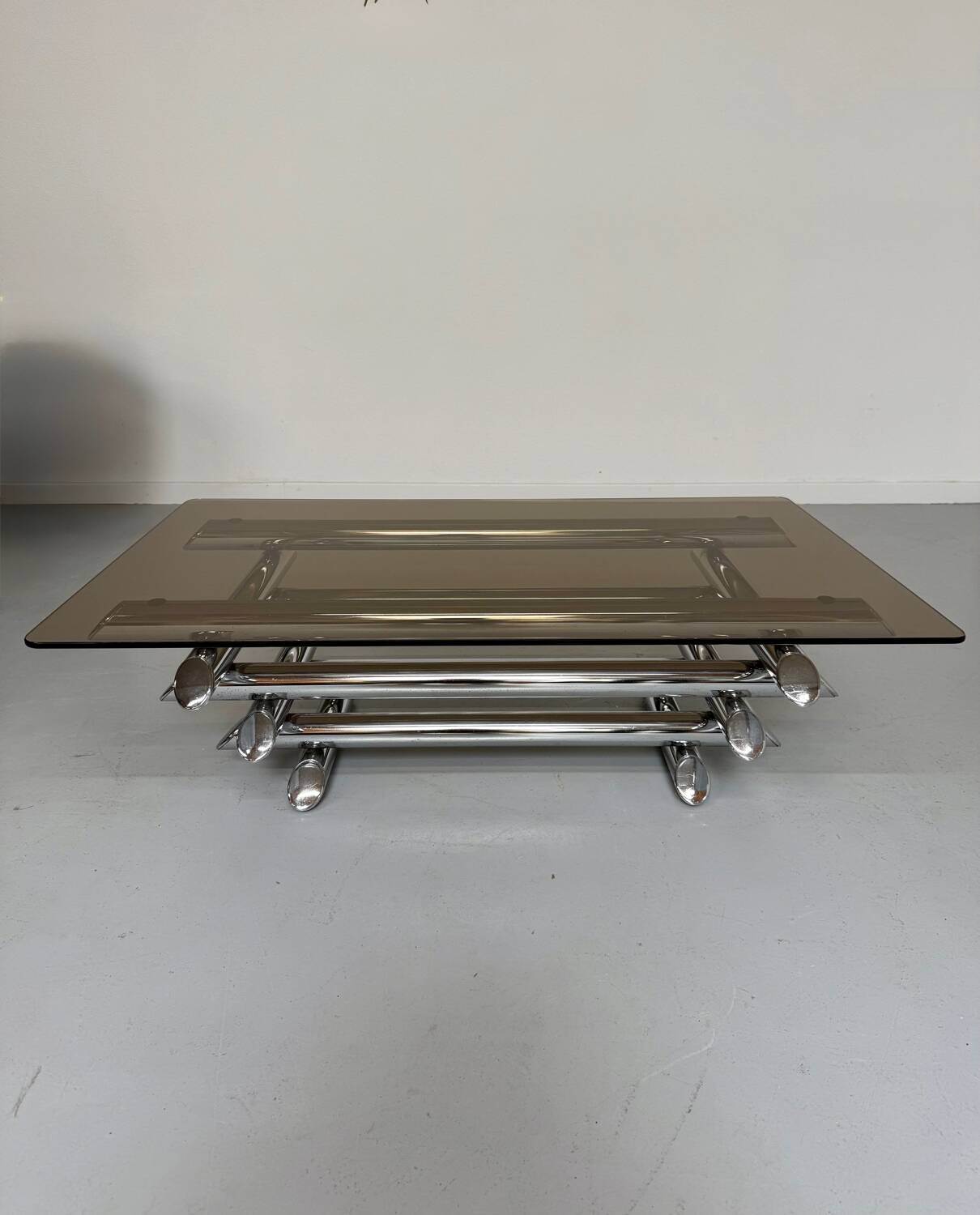Space coffee table from the 70s, tubular metal and glass, Italian design