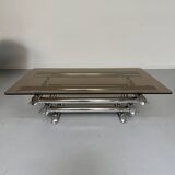 Space coffee table from the 70s, tubular metal and glass, Italian design