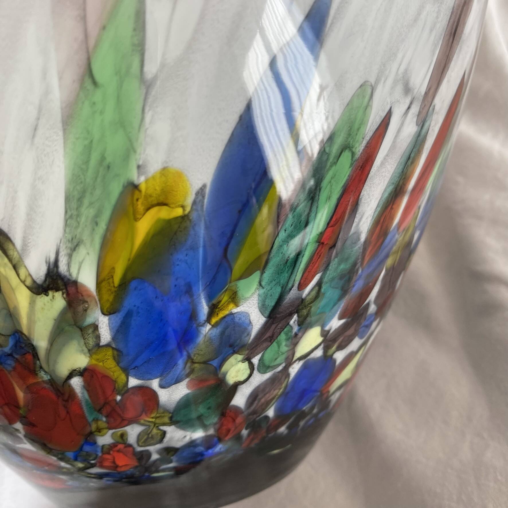 Large blown glass vase with polychrome inclusions in the Murano style.
