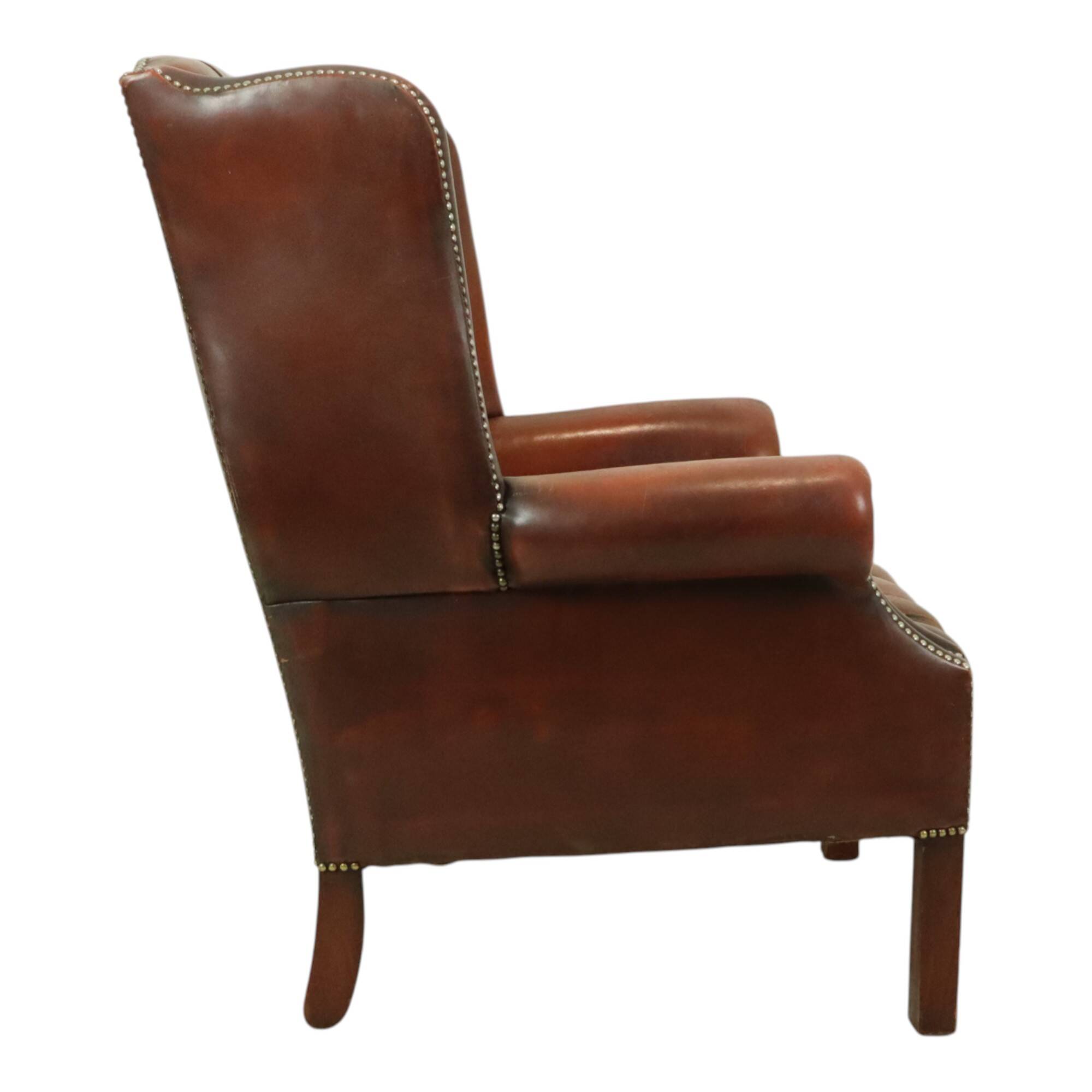 Antique Chesterfield armchair Brown leather wingback chair