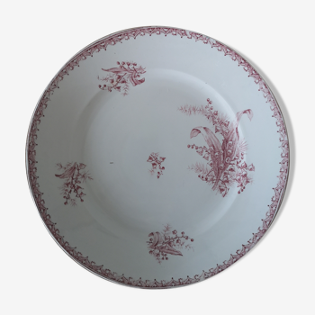 Round dish in iron earth, red-pink décor "Muguet"