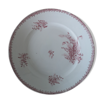 Round dish in iron earth, red-pink décor "Muguet"