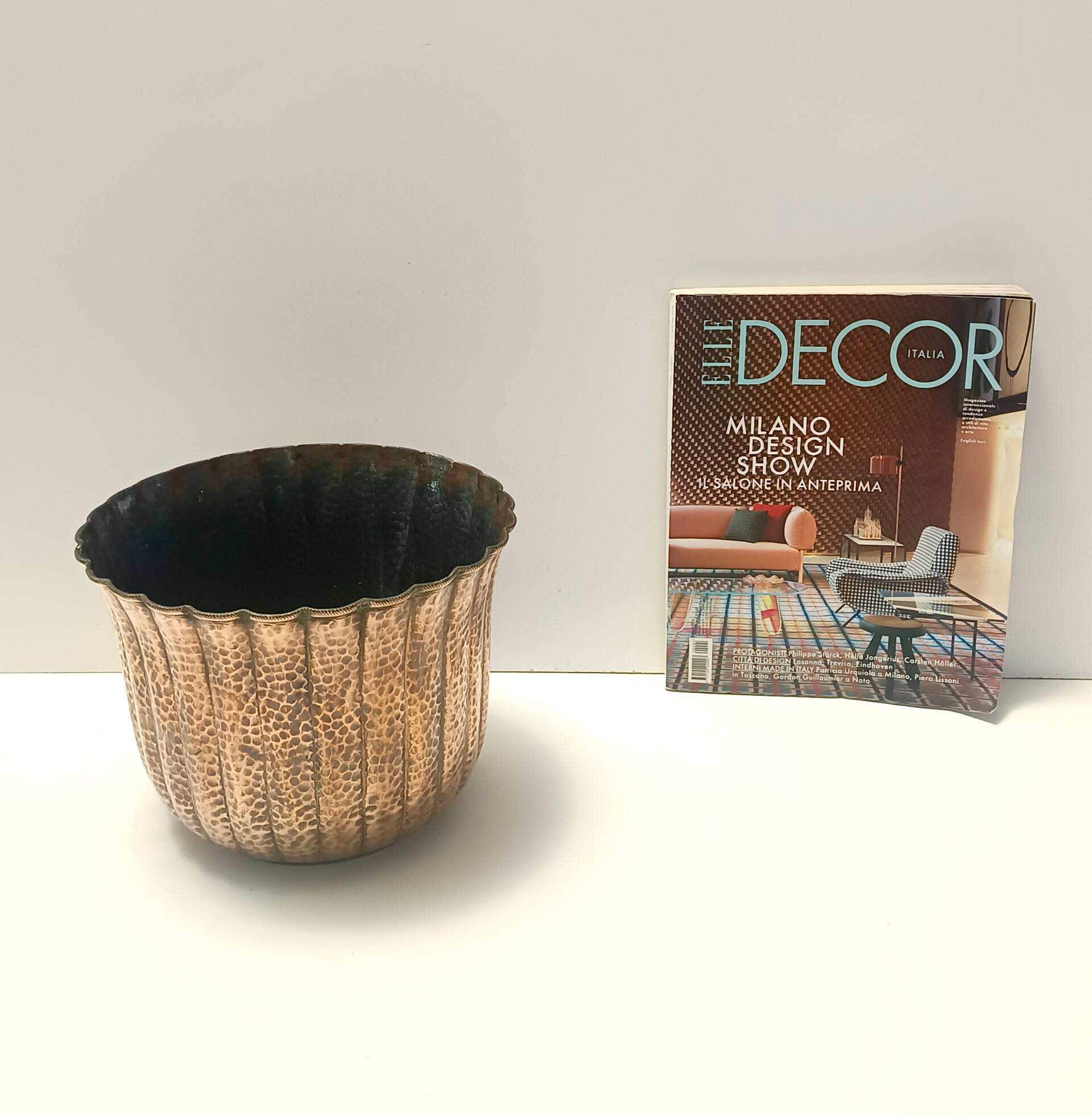 Round Embossed Copper Cachepot / Vase in the style of Egidio Casagrande