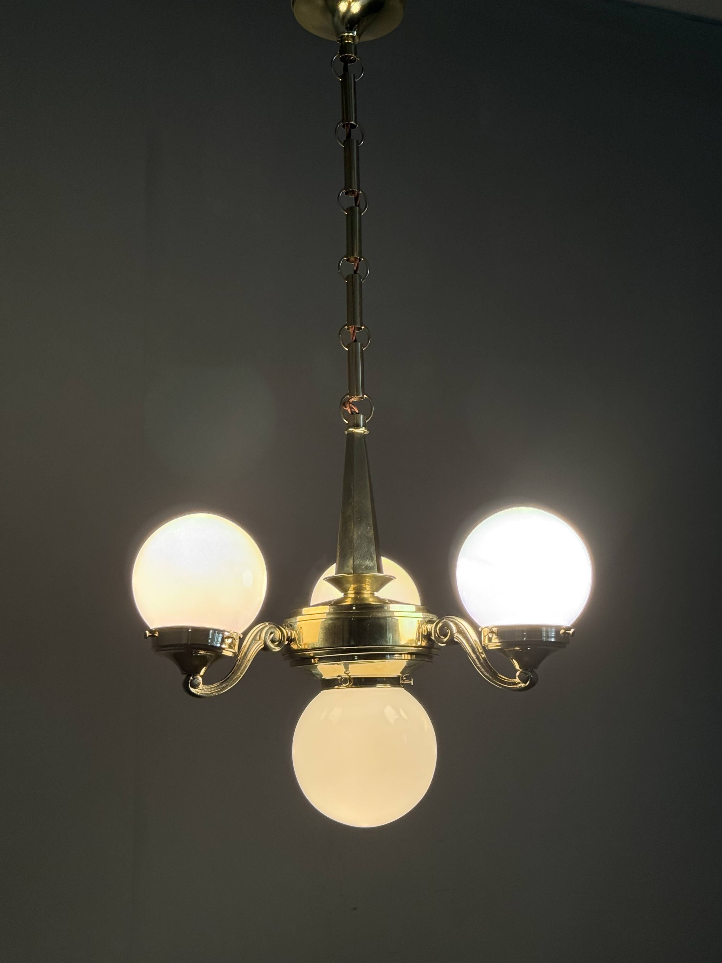 Art Deco Brass and Opaline Glass Chandelier, 1930s