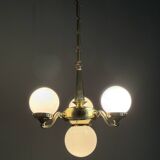 Art Deco Brass and Opaline Glass Chandelier, 1930s