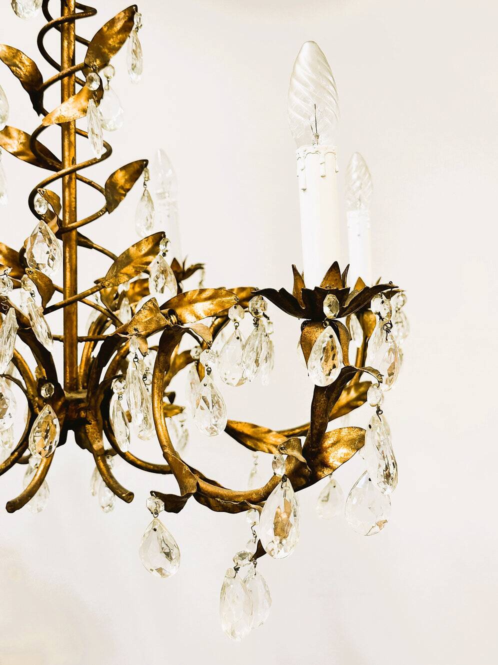 Vintage gold leaf crystal chandelier with 6 lights, 1950s.
