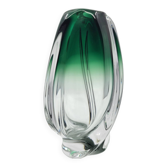 Vase vintage Val St Lambert en verre soufflé vert de forme ovoïde, Belgique
