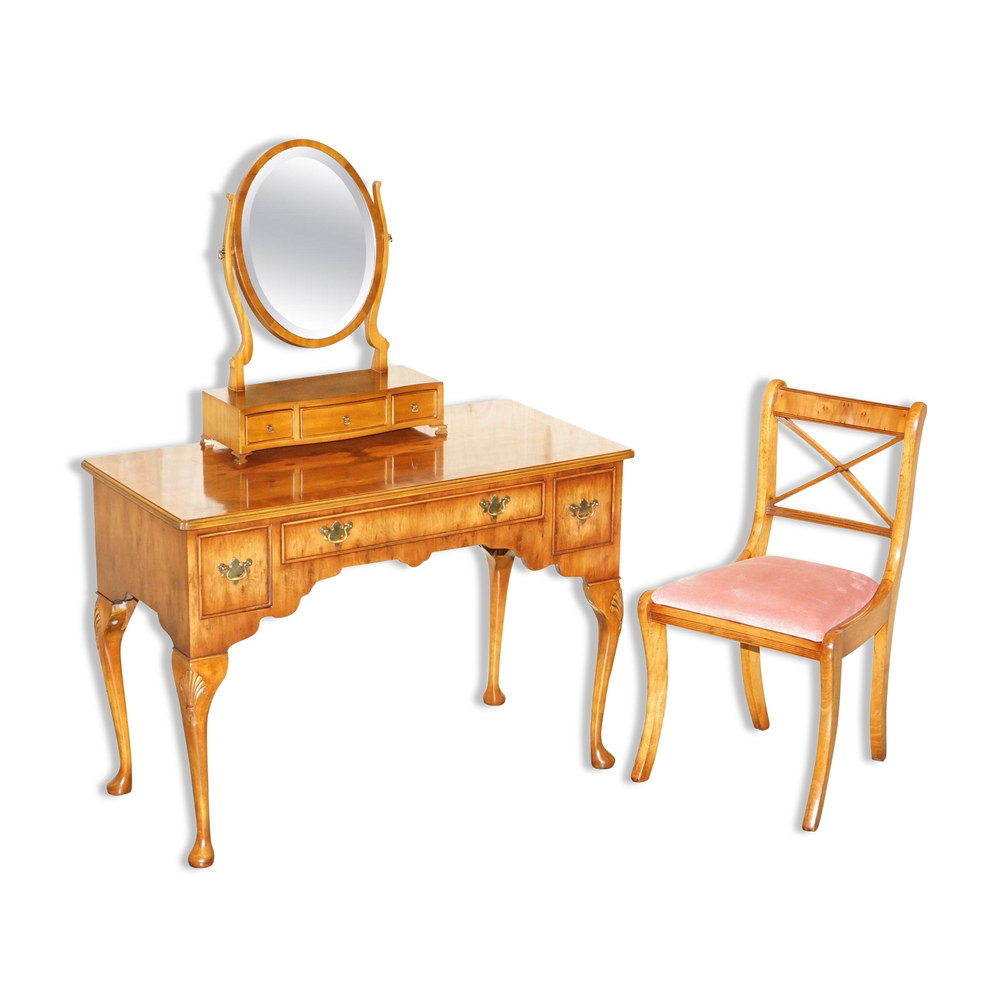 Vintage English walnut burr dressing table with mirror and chair.