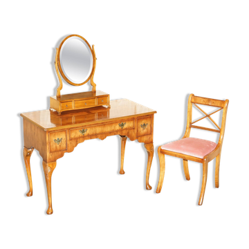 Coiffeuse vintage anglaise en noyer burr avec miroir et chaise
