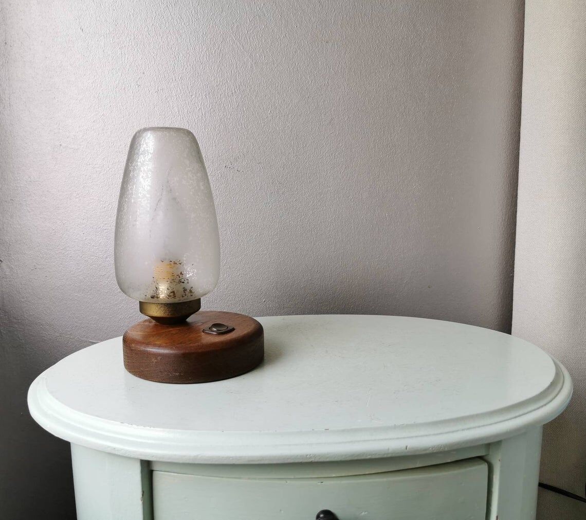 Wooden table lamp with 80s glass cap