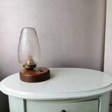 Lampe de table en bois avec capuchon en verre années 80