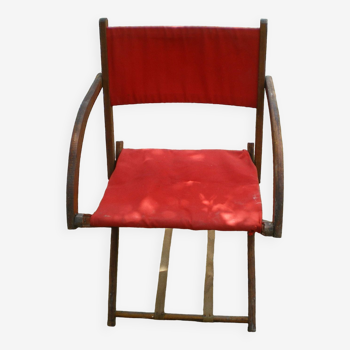 Folding armchair in wood and vintage canvas