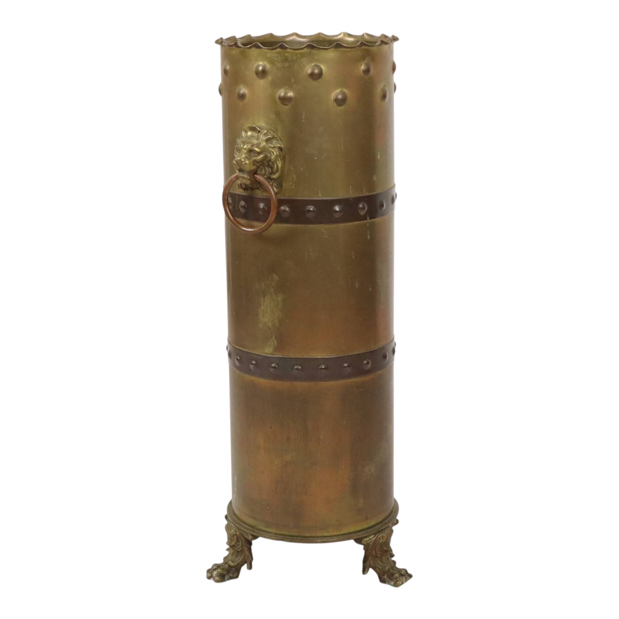 Unique XL Artillery Shell Umbrella Stand – WWI Trench Art (1915) – Lion Hea