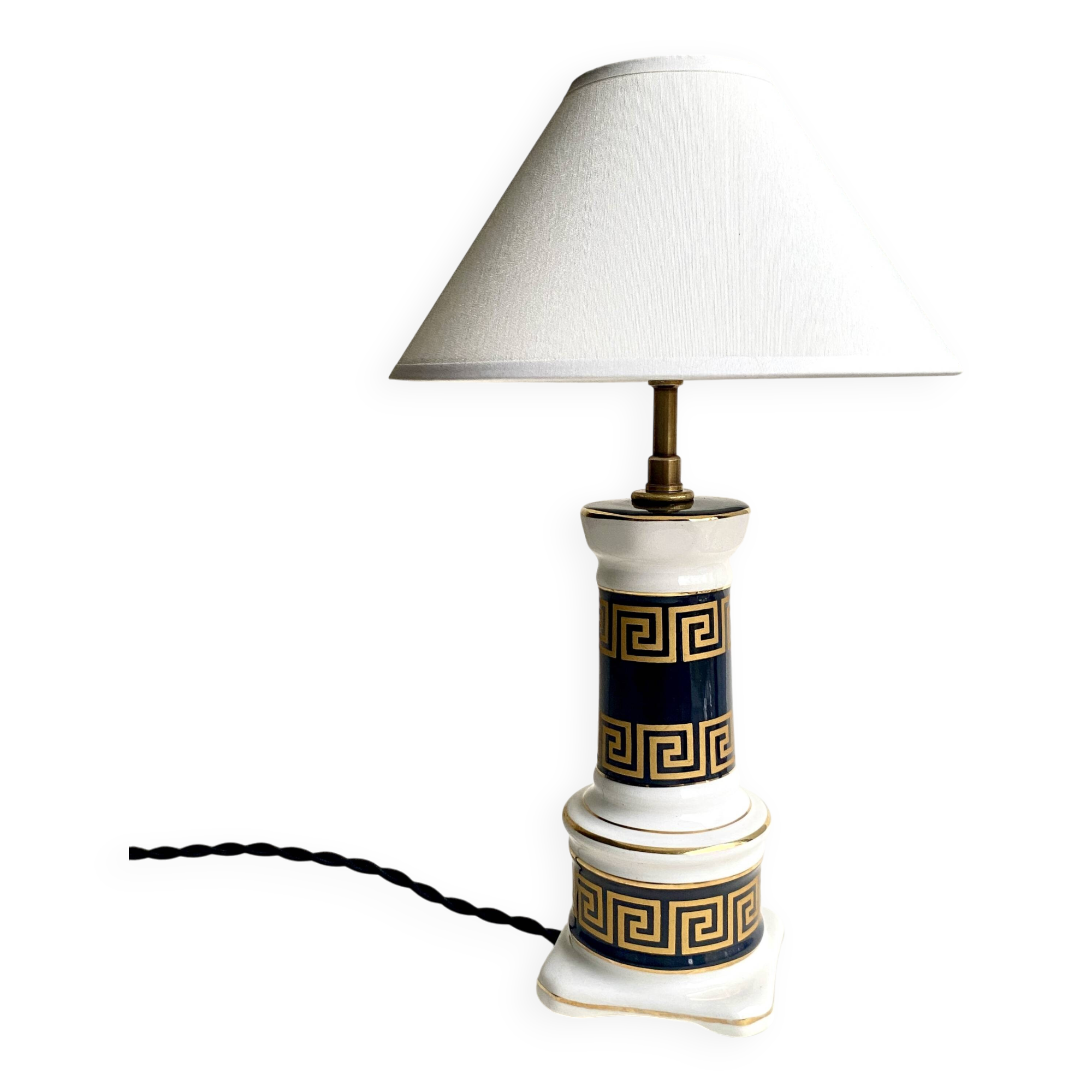Earthenware lamp, new 2M fabric cable, cotton lampshade