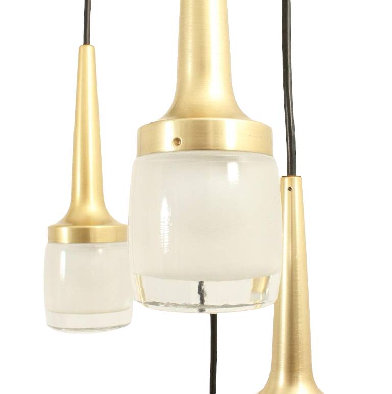 Cascade chandelier 6 elements, Staff Leuchten, brass and gold-plated aluminum, glass, ca 1970